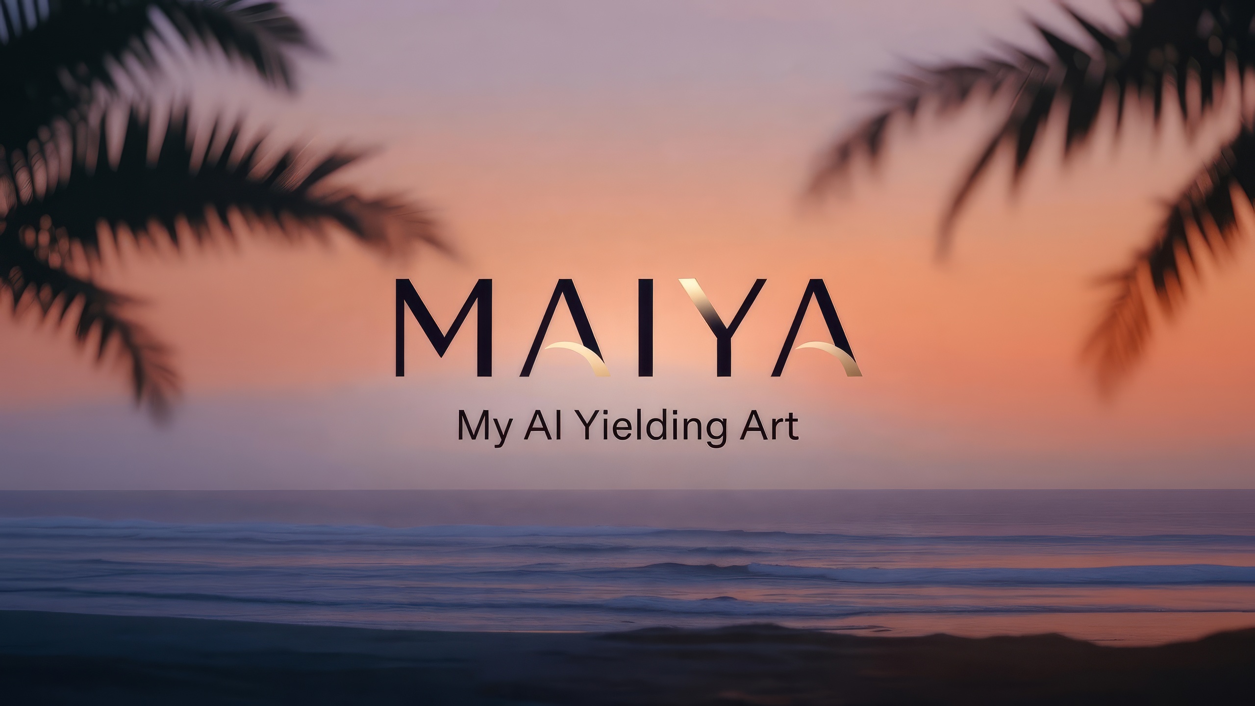 MAIYA, My AI Yielding Art, over a sunset beach with palm trees